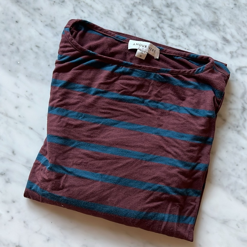 Amour Vert Burgundy and Navy Striped Sustainable Berkeley Blouse